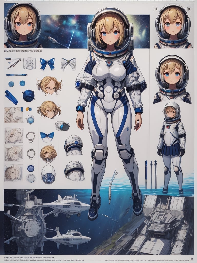 Extreme detail,masterpiece,cultivation tank,underwater ,(white spacesuit):1.5,(school uniform):0.6,space boots,space gloves,space helmet,headphone,, Popular colors,(character design sheet,facefront,backfacing,side,same character),The background is ,long golden hair,small nipples,high school girl,thick eyebrows chest thin waist,beautiful blonde,(masterpiece),((highest quality)),(super detailed),girl with huge breasts,(beautiful eyes beautiful detailed eyes,Clean and meticulous face,five fingers,Textile Shade,anatomy perfect,cultivation tank,breakdomain,bing_astronaut