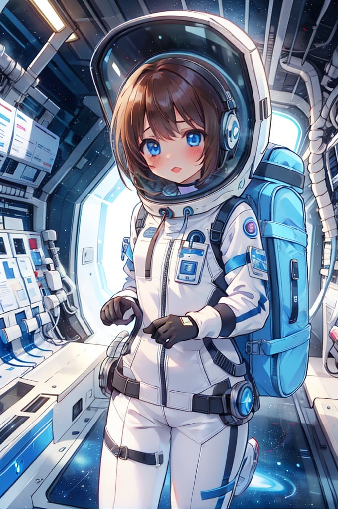 Extreme detail,masterpiece,anime illustration ,1girl,  short hair, bangs, large_eyes, blue_eyes,  (space helmet):4,(clear_helmet):3, neck seal,white space suit,  gloves, thigh_straps, looking_at_viewer, lomg pants,surprised_expression,headphone,light brown hair,short hair,blue eyes,blush,bing_wetsuit,astrovest,astrogirl,