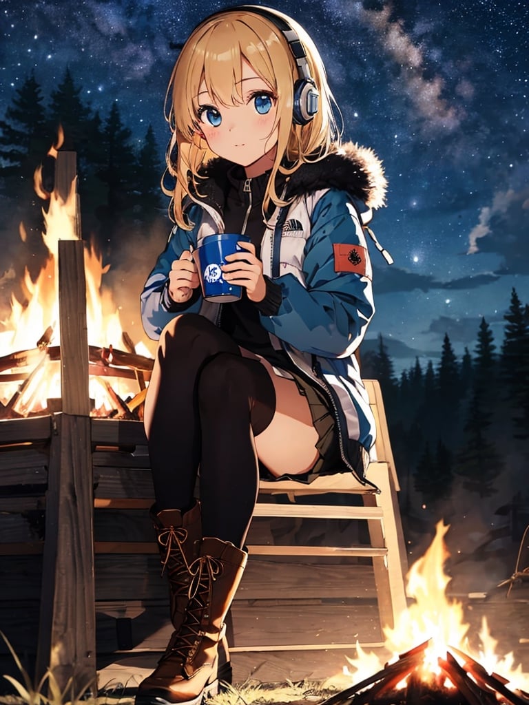 masterpiece:1.2, best quality, (highly detailed:1.3), 1girl, solo, long hair, looking at viewer, blonde hair,headphone, holding, blue eyes, sitting, jacket, boots, outdoors, BREAK black skirt, tights,boots,cup, BREAK (white downjacket):1.3,coat, fur trim, BREAK sitting on camping chair, brown footwear, crossed legs,BREAK one bonfire, holding cup, mug, pants, tent, campfire,night,starry sky,tnf_jacket