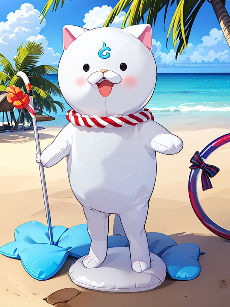 Extreme detail,(35P):2,chibi:2,solo, white cat,looking at viewer, blush, open mouth, simple background, standing on sandy beach, tail, full body, no humans, cat, tropical beach scene with blue ocean, clear sky with bright summer sunlight, inflatable beach ring, palm trees in background suggesting a tropical paradise, 

