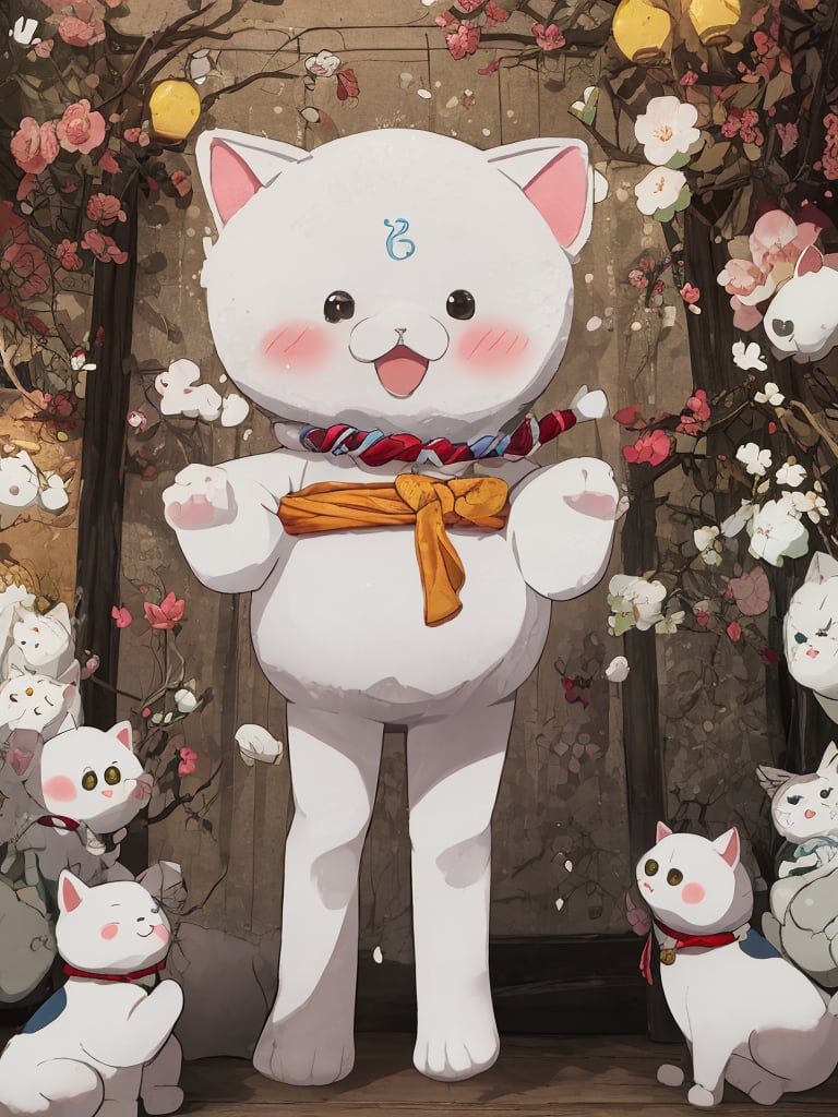 (35P):2,solo, white cat,looking at viewer, blush, open mouth, simple background, standing, tail, full body, no humans, cat, inside japanese house, 