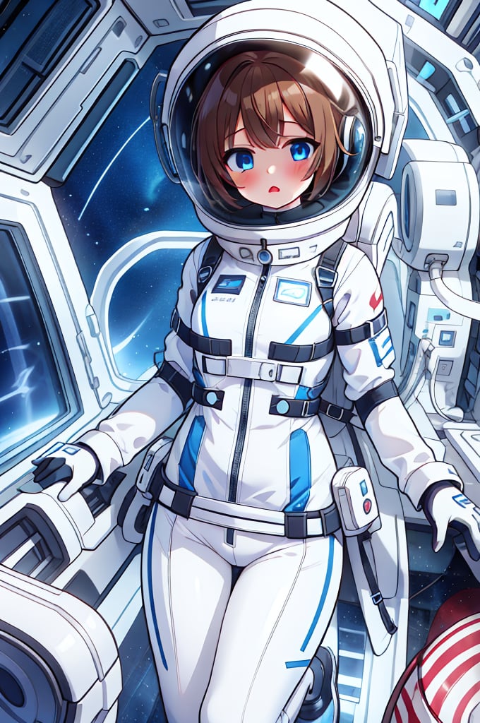 Extreme detail,masterpiece,anime illustration ,1girl,  short hair, bangs, large_eyes, blue_eyes,  (space helmet):4,(clear_helmet):3, neck seal,white space suit,  gloves, thigh_straps, looking_at_viewer, lomg pants,surprised_expression,headphone,light brown hair,short hair,blue eyes,blush,bing_wetsuit,astrovest,astrogirl,