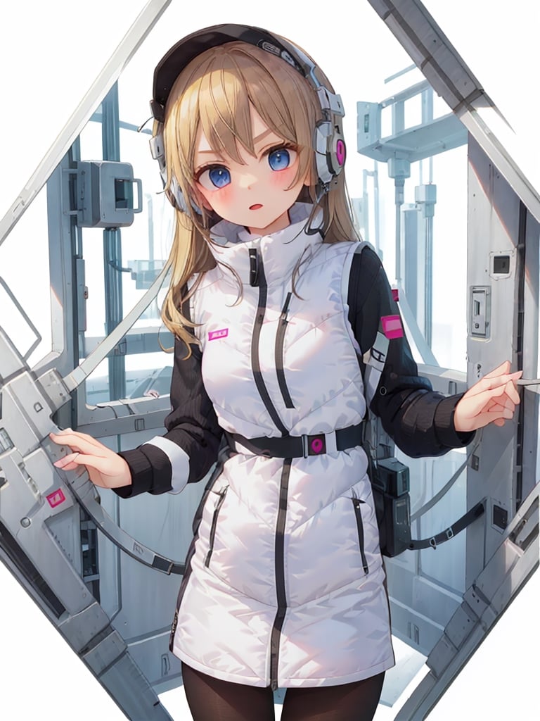 (masterpiece:1.2, best quality), (highly detailed:1.3),One girl,headphone,white downvest,(puffer vest):1.4,(long down vest),,Astrovest,BREAK,inside cyberpunk white futuristic space station,BREAK,black long sleeve
black tights,black belt,iwatch,BREAK,beautiful  eyes,tareme-eyes,breakdomain,V-shaped eyebrows,bing_astronaut,blonde long hair BREAK blush:1.3,astrogirl