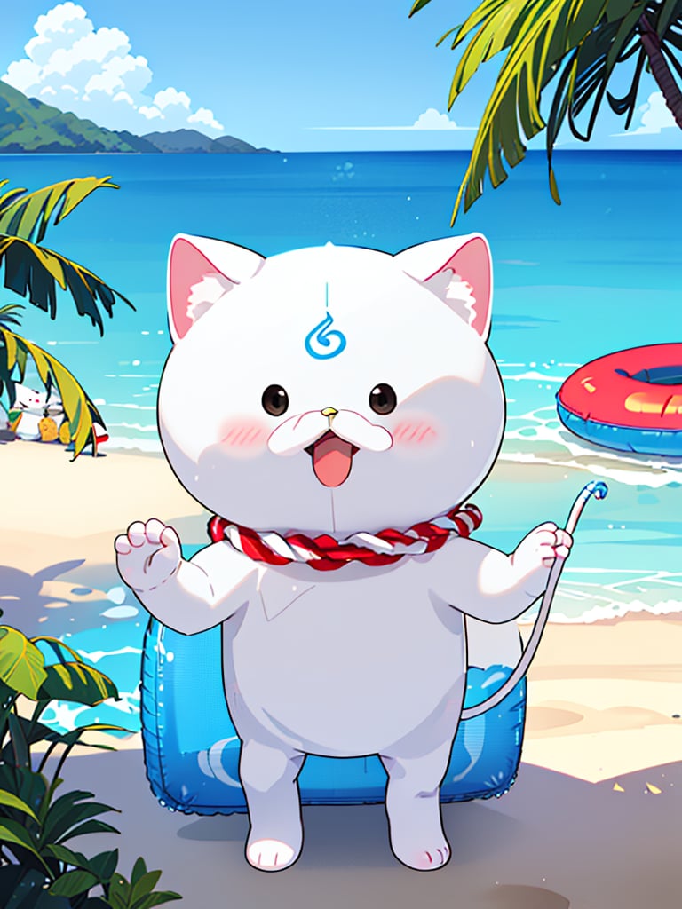 Extreme detail,(35P):2,chibi:2,solo, white cat,looking at viewer, blush, open mouth, simple background, standing on sandy beach, tail, full body, no humans, cat, tropical beach scene with blue ocean, clear sky with bright summer sunlight, inflatable beach ring, palm trees in background suggesting a tropical paradise, 

