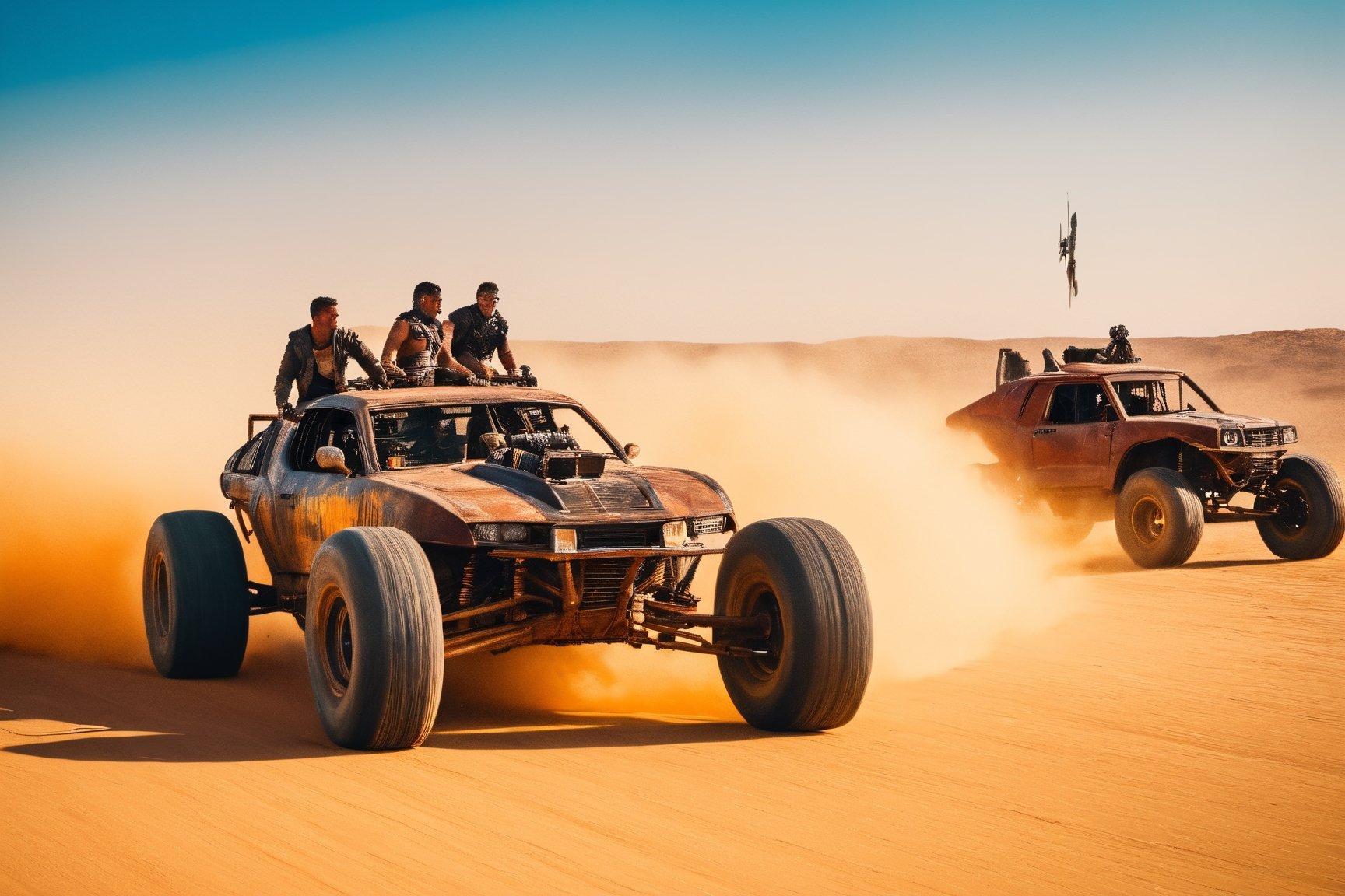 mad max, desert, monster trucks, attack, sidecar motorcyles, boarding,gunfire, blood, violence, explosions, many objects in frame, ultra detail overall, panoramic plan, epic battle, high speed pursuit, jump ahead, 