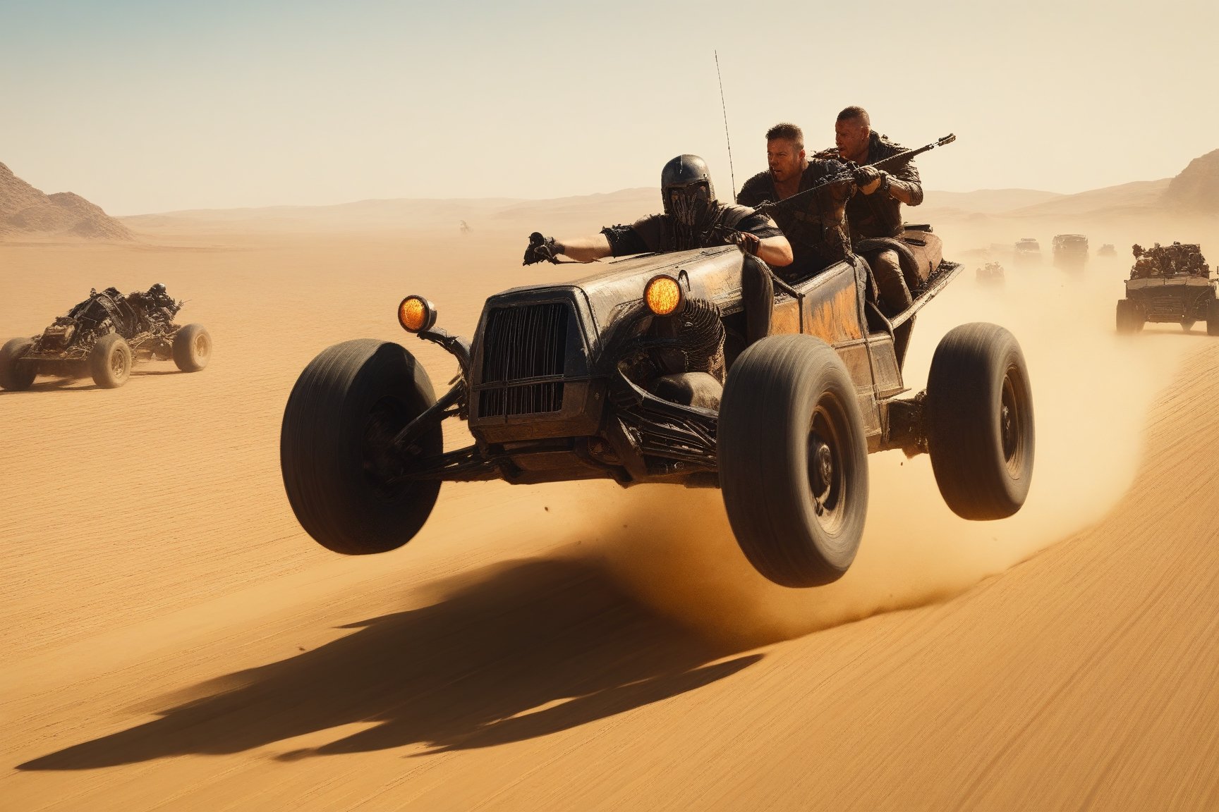 mad max, desert, monster trucks, attack, sidecar motorcyles, boarding,gunfire, blood, violence, explosions, many objects in frame, ultra detail overall, panoramic plan, epic battle, high speed pursuit, jump ahead, 