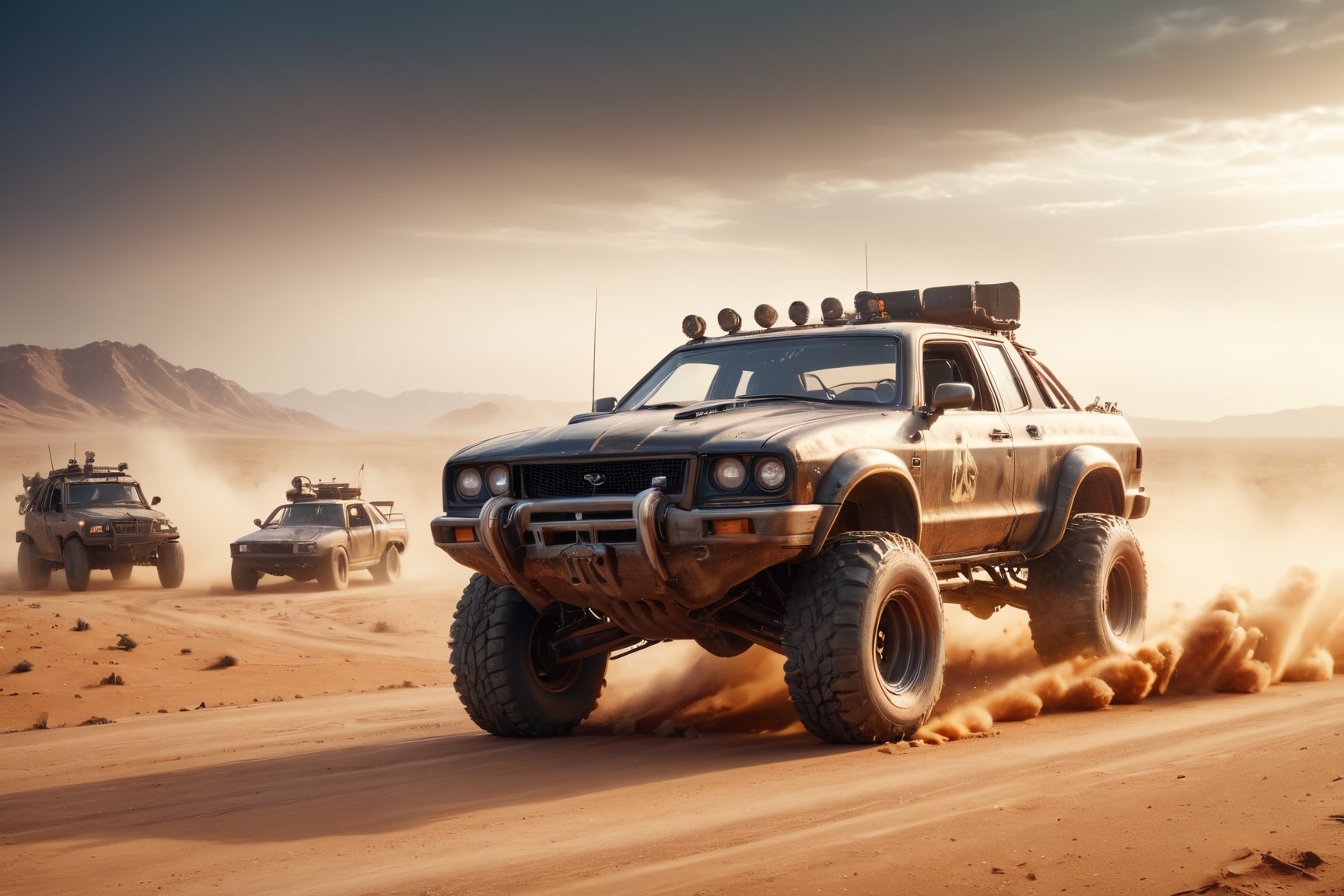 mad max, desert, brutal trucks, attack, boarding, gunfire, explosions, jump ahead, dust from wheels, motorcycles, high speed pursuit, many objects in frame, ultra detail overall, panoramic plan,