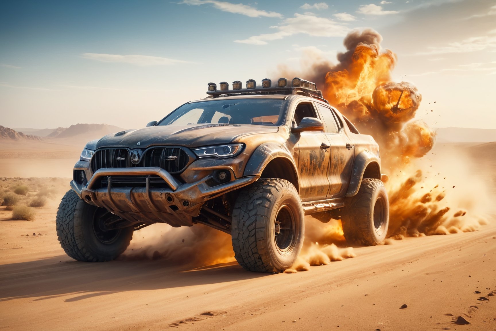 mad max, desert, brutal trucks, attack, boarding, gunfire, explosions, jump ahead, dust from wheels, motorcycles, high speed pursuit, many objects in frame, ultra detail overall, panoramic plan,