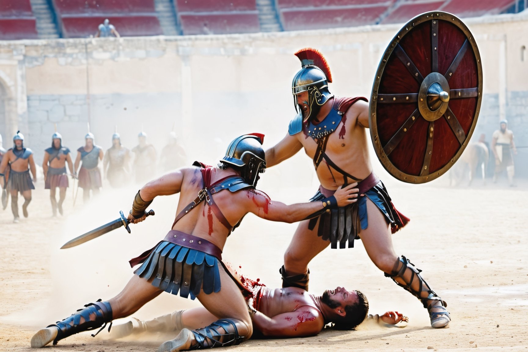 gladiators, coliseum arena, public, gladius, spear, attack, shield, helmet, Murmillon, retiarius, Secutor, retia, scutum, Samnites, battle chariot, horses, blood splashes, violense, dismemberment, dissection, bleed profusely, 
