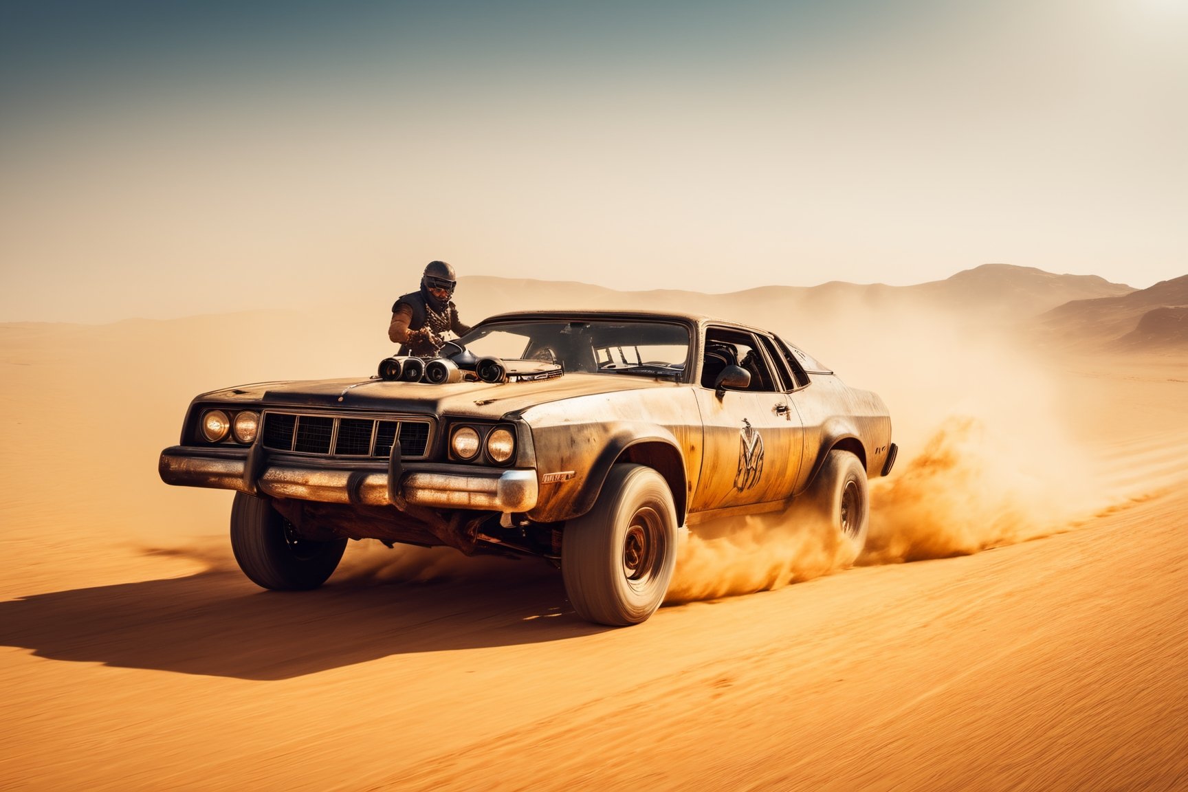 mad max, desert, monster trucks, attack, sidecar motorcyles, boarding,gunfire, blood, violence, explosions, many objects in frame, ultra detail overall, panoramic plan, epic battle, high speed pursuit, jump ahead, 