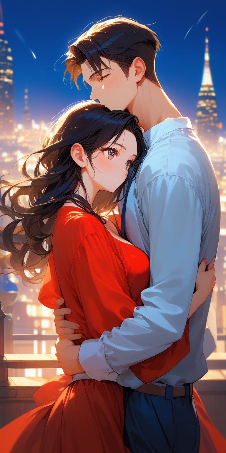 score_9, score_8_up, score_7_up, score_6_up, score_5_up, score_4_up,source_anime,

1 woman_red_long_hair, (30yo), beautiful detailed eyes, sexy clothes, night, city, hug, 1boy(black hair), a very handsome man, Man_hugs_girl_from_behind, hetero, couple, balance, determination, detailed background, depth of field, realistic, soft lighting, best quality,masterpiece