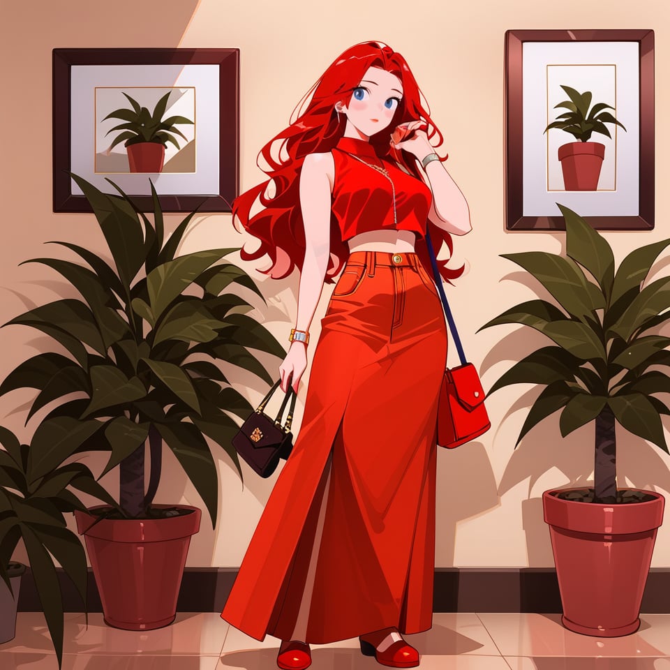 1girl, solo, long hair, red skirt, red hair, holding, jewelry, standing, full body, shoes, sleeveless, indoors, hand up, bag, bracelet, crop top, plant, denim, red footwear, red shirt, long skirt, watch, handbag, wristwatch, potted plant, wide shot, photo background, sexy,fflixmj6,more detail XL