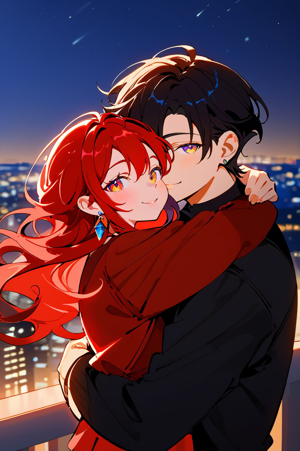 1girl (red hair), long_hair, hug, night, 1boy (black hair), Man_hugs_girl_from_behind, shirt, hetero, looking_at_viewer, brown_hair, night_sky, couple, sky, long_sleeves, jewelry, earrings, cityscape,jaeggernawt