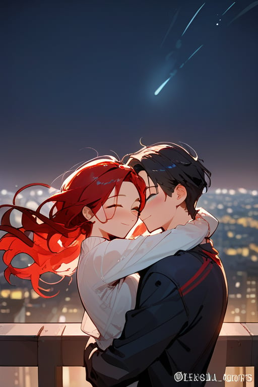 Score_9, Score_8_up, Score_7_up, Score_6_up, Score_5_up, Score_4_up,1girl (red hair), long_hair, hug, night, 1boy (black hair), Man_hugs_girl_from_behind, shirt, hetero, looking_at_viewer, brown_hair, night_sky, couple, sky, long_sleeves, cityscape,jaeggernawt