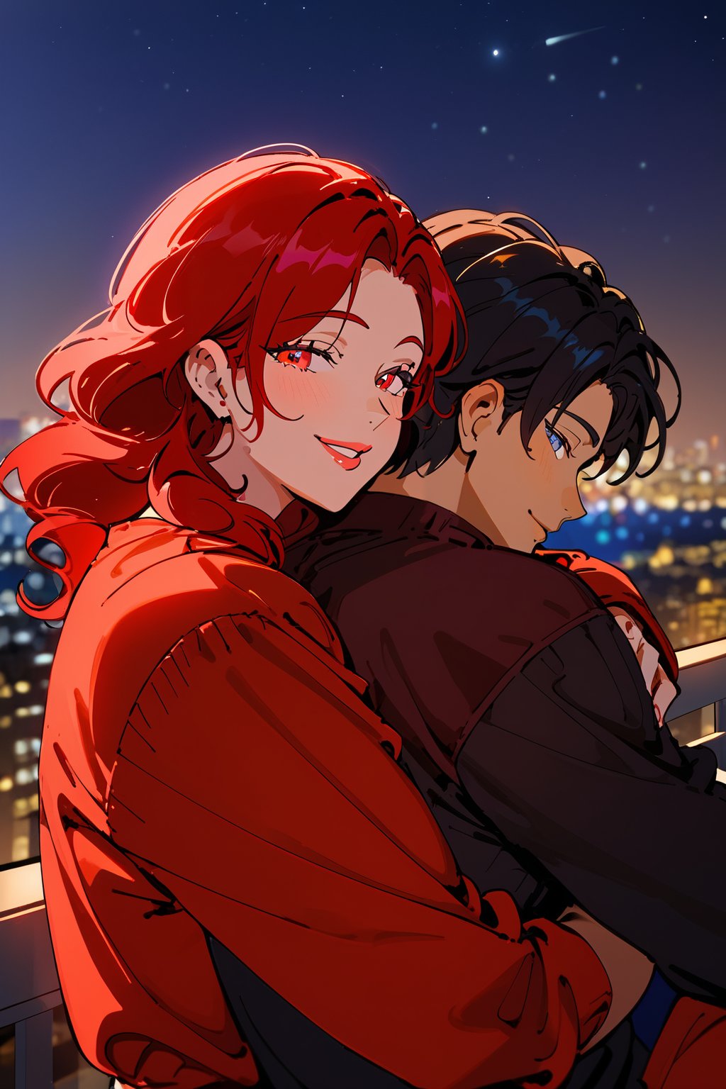 1girl (red hair), long_hair, hug, night, 1boy (black hair), Man_hugs_girl_from_behind, shirt, hetero, , mature, looking_at_viewer, brown_hair, night_sky, couple, sky, long_sleeves, cityscape,jaeggernawt