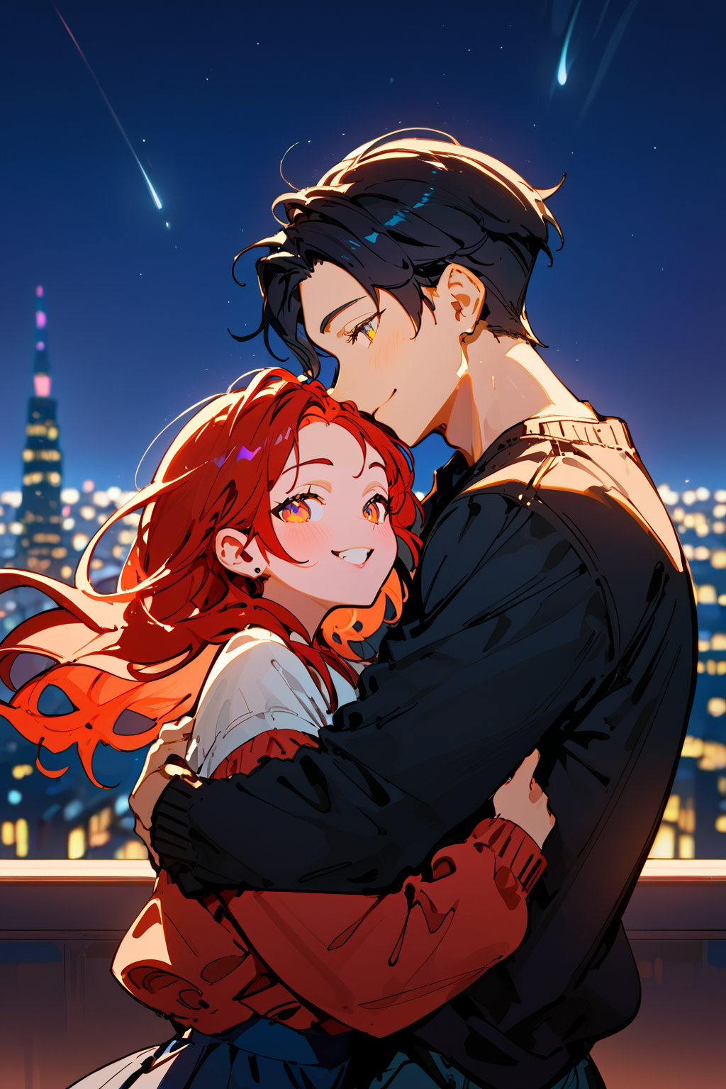 Score_9, Score_8_up, Score_7_up, Score_6_up, Score_5_up, Score_4_up,1girl (red hair), long_hair, hug, night, 1boy (black hair), Man_hugs_girl_from_behind, shirt, hetero, looking_at_viewer, brown_hair, night_sky, couple, sky, long_sleeves, cityscape,jaeggernawt