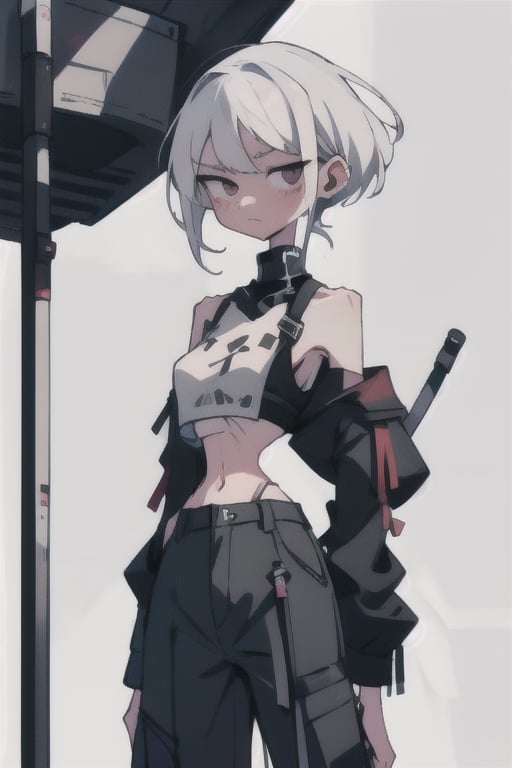 1girl, black crop top, black cargo pants, very skinny, ribs, clavicle, emaciated, concave stomach, white hair, starving,,<lora:659111690174031528:1.0>