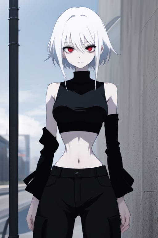 1girl, anime, skinny, white_hair, pale_skin, ribs, emaciated, clavical, red eyes, black croptop, black cargo pants, midriff,Ribs,skinny,urban techwear,<lora:659111690174031528:1.0>