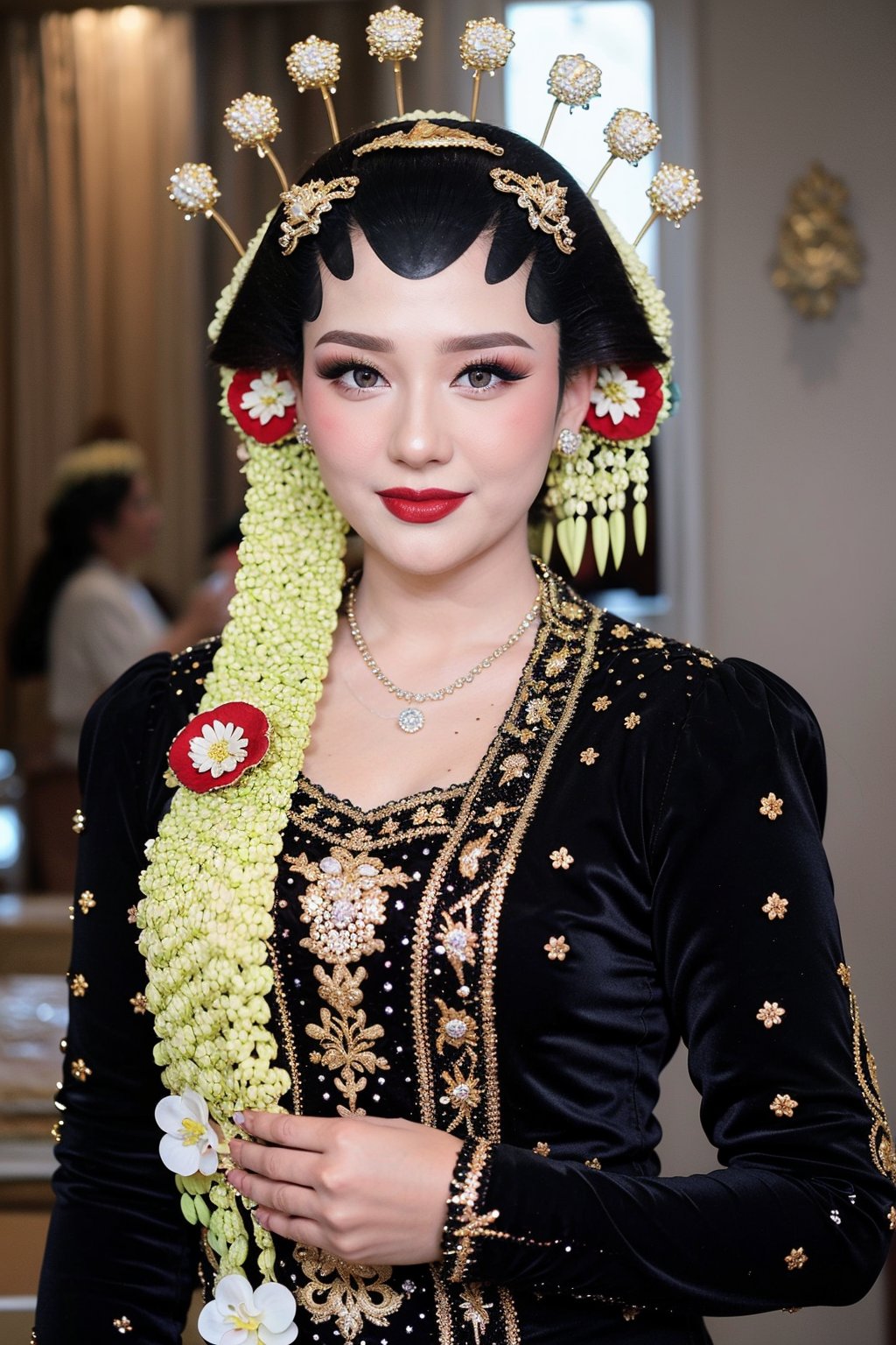 1girl, solo, looking at viewer, smile, black hair, hair ornament, long sleeves, dress, jewelry, closed mouth, upper body, flower, necklace, blurry, black eyes, lips, makeup, blurry background, lipstick, realistic, red lips, pearl necklace,bulan