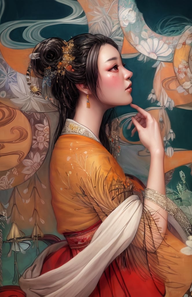 asian girl fantasy acrilic painting,  trending on pixiv fanbox, vibrant details, hyper-realistic, hand, super detailed, super realistic, concept portrait, 8k resolution , super fine detail depiction