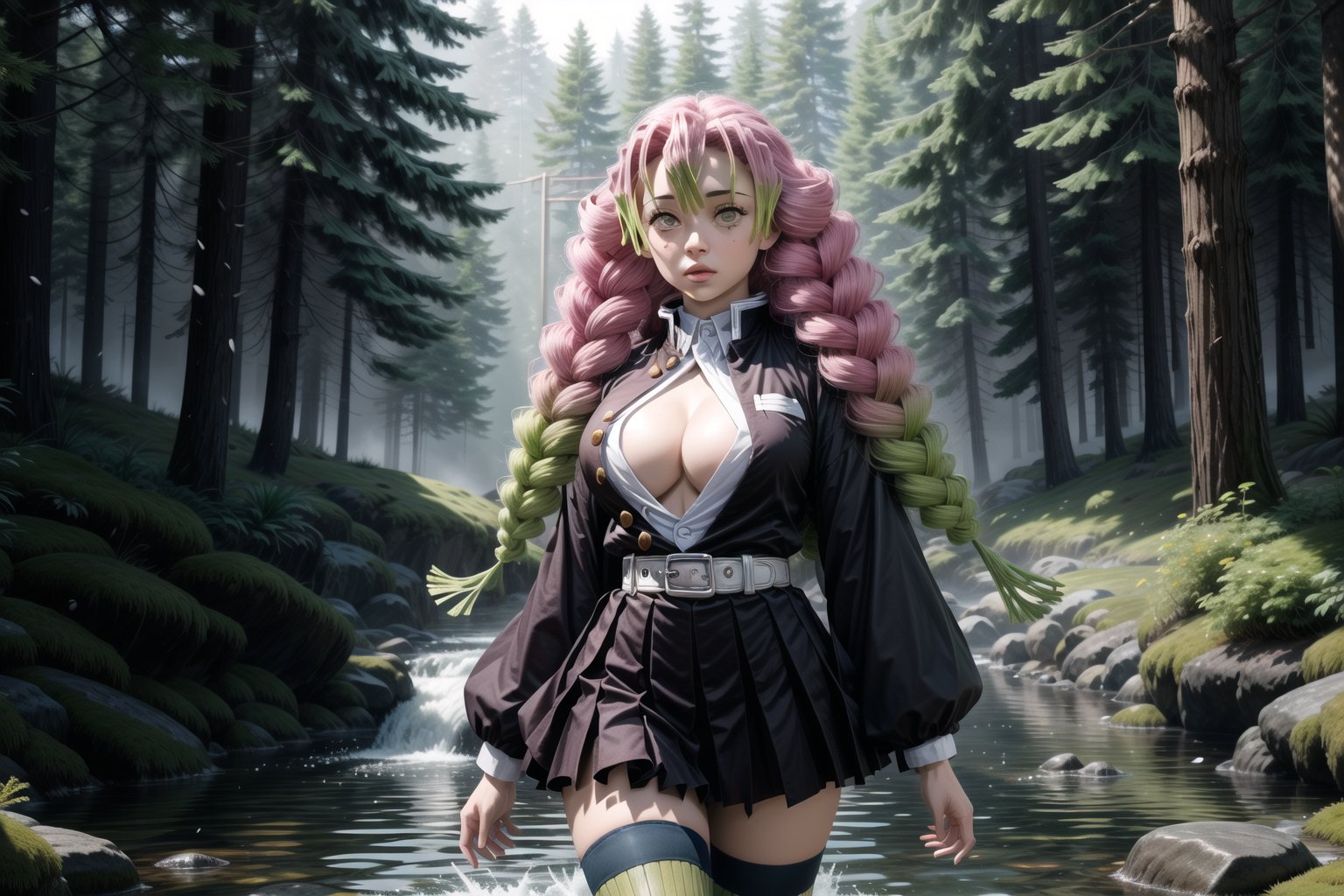 Photorealistic Full-body image of Mitsuri Kanroji, the elegant and confident heroine of Demon Slayer, stands majestically in a snowy forest at dawn, her long, curly hair cascading down like a river of gold. Her intricate Japanese attire, with its delicate textures and patterns, shimmers in the soft glow of the sun. The dynamic pose accentuates her slender figure, showcasing her impressive bust and creating a captivating cleavage. As the sunlight filters through her flowing locks, she shines like a beacon, drawing the viewer’s gaze in. In the background, the snowy forest of sakura trees gently sways in the wind, their pink petals fluttering against the dark night sky, adding depth to the composition.  The heroine's warm-toned stance and cool sunlit environment create a striking contrast, while the gagged ribbon adds a playful touch to this stunning piece of art., EFT_AURORA, multi-colored hair, mole under eye, green eyes, ribbed leggings, green stockings, (black skirt:1.2), pleated skirt, belt, open clothes, black shirt, haori, white jacket, Japanese clothing, big breasts, braid, long hair, aamitsuri