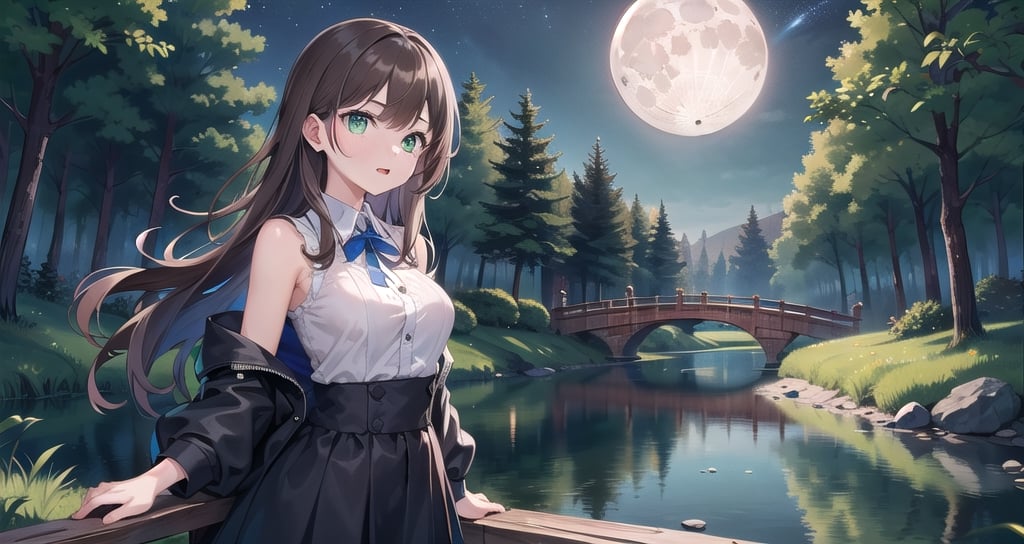 1girl, brown hair, long hair, green eyes, medium breast, bridge, lake, forest, night, moon