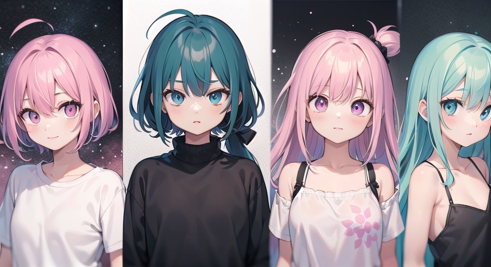 random hair color (pink,  blue,  green,  black),  random eyes color,  random cloths