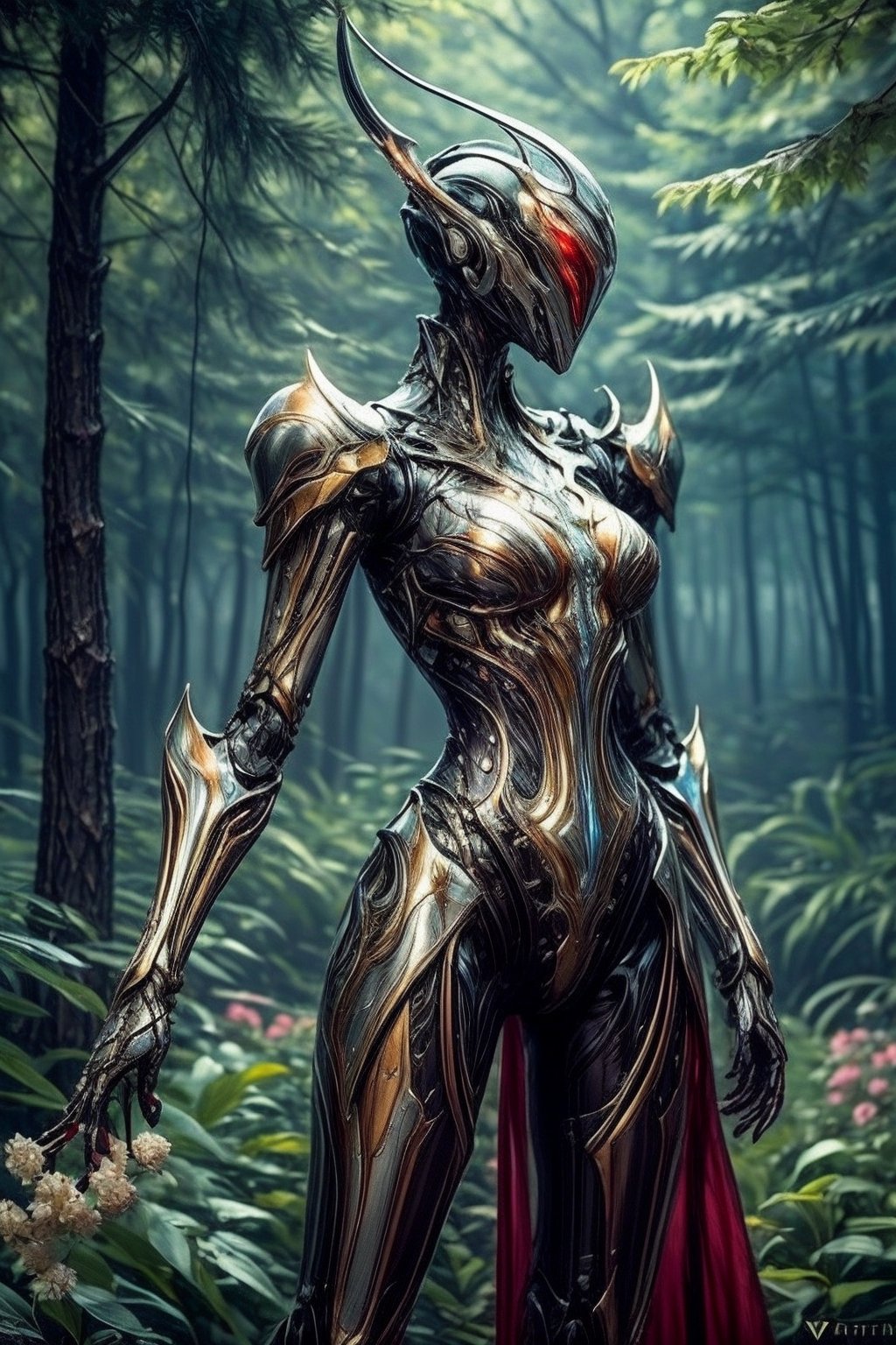 Gorgeous realistic Robot , in red asimetric dress, metal person with cold hurt made from expensive stones and flowers standing in the middle of the forest,WARFRAME