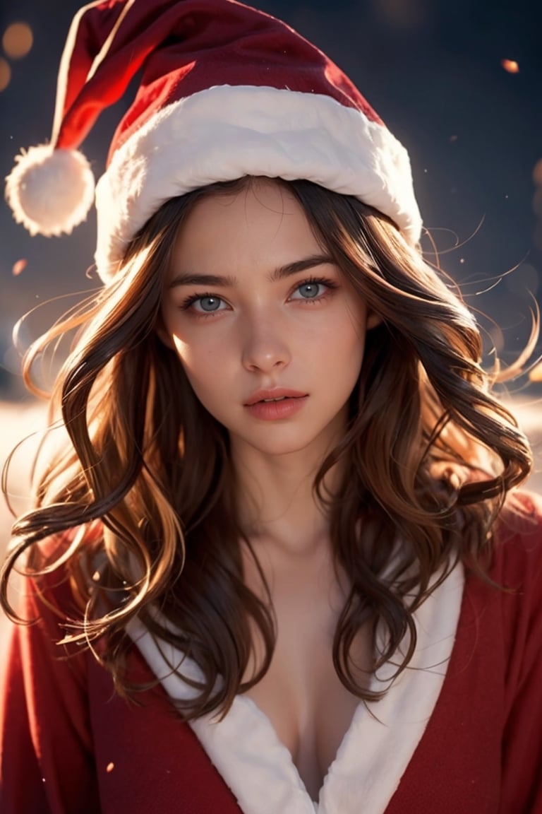 a 20 years old woman, santa clothes, santa hat (mid long wavy ginger or blonde or brown hair) wind ((Barbara Palvin:0.7), (Madison Beer:0.3)), christmas theme, soothing tones, muted colors, high contrast, (natural skin texture, hyperrealism, dramatic light, sharp) artistic photoshoot,full_body