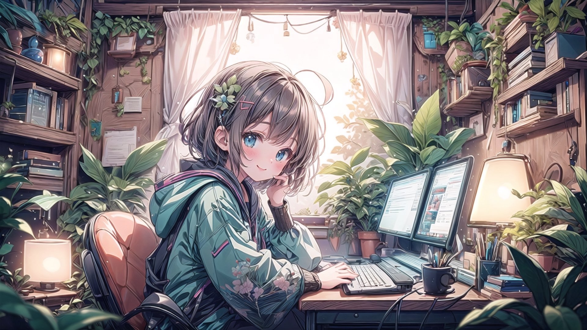 best quality,  extremely detailed, HD,  8k,  extremely intricate:1.3, nice hands, little girl sitting at computer desk, cute, smile, room, BiophyllTech,Lofi