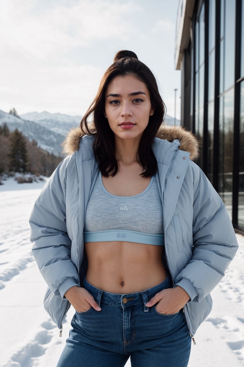 a 25 year old women wearing a sport bra and a winter jacket , with light blue jeans, abs,Realism,Portrait