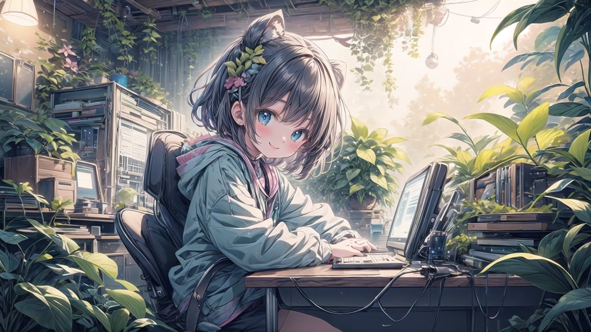 best quality,  extremely detailed, HD,  8k,  extremely intricate:1.3, nice hands, little girl sitting at computer desk, cute, smile, room, BiophyllTech,LOFI