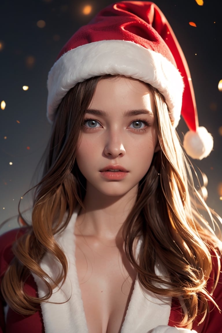 a 20 years old woman, santa clothes, santa hat (mid long wavy ginger or blonde or brown hair) wind ((Barbara Palvin:0.7), (Madison Beer:0.3)), christmas theme, soothing tones, muted colors, high contrast, (natural skin texture, hyperrealism, dramatic light, sharp) artistic photoshoot,full_body