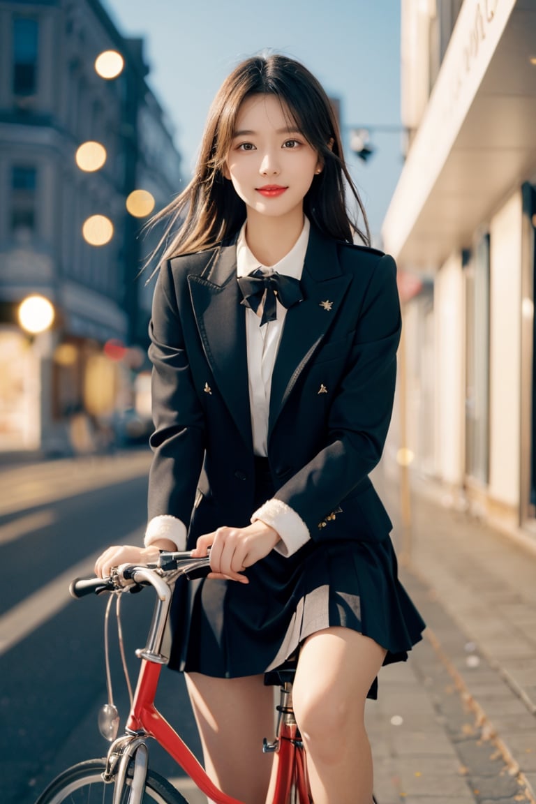 Photography, (Highest Quality, Masterpiece: 1.2), 8K, HDR, Photorealism, (Film Framing: 1.3), (Vivid Colors: 1.2), Fine Detail & Textures, Masterpiece, Highest Quality, Super Detail, Charming Smile, Perfect, Hands, detailed face, Korean girl, black hair, brown eyes, black leather skirt, basic collar neck suit uniform, (riding a bike on the road), (Christmas decorations on the building), (small lights are twinkling), school look color Tie, leather jacket, black boots,