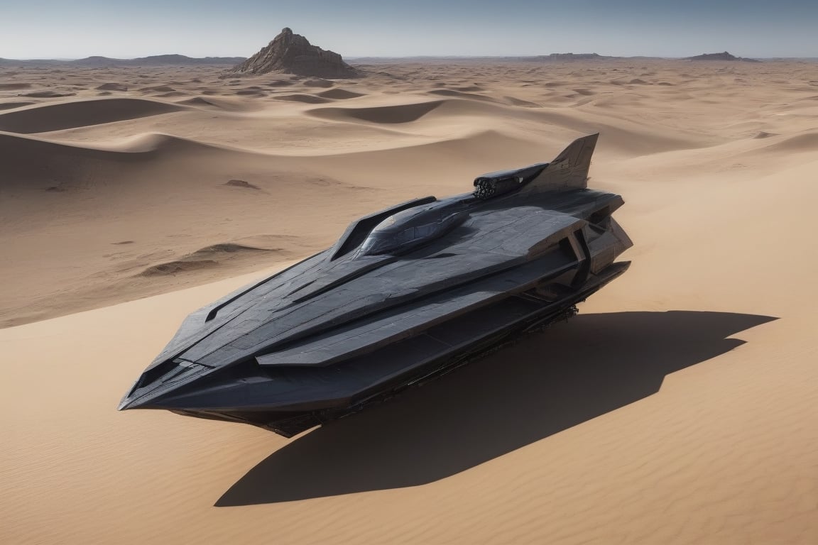 A stunning shot of a futuristic, industrially designed Megatron-like spaceship gliding effortlessly across a breathtaking dune. The black spaceship features rugged metal panels, exposed rivets and a streamlined silhouette that exudes raw power. Armed with a variety of formidable weapons, the ship exudes a menacing appearance. The FANTOMAS brand logo is prominent on the case, symbolizing cutting-edge technology and military superiority. The stunning backdrop shows towering golden sand dunes rising majestically against the warm, radiant sunlight, creating an awe-inspiring cinematic scene., cinematic, photo










