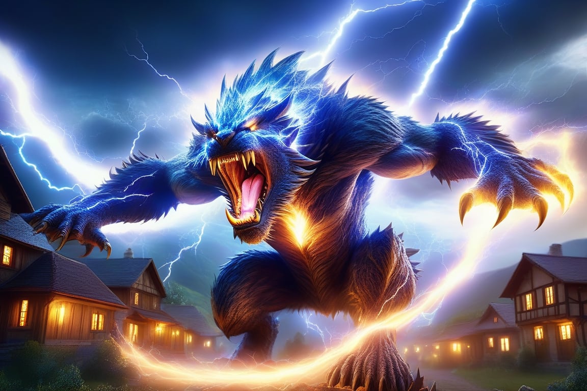 Generate hyper realistic image of a monstrous creature with crackling electricity coursing through its body, its thunderous roar shaking the very air around the viewer's face, as it descends upon a village, unleashing bolts of lightning that electrify the surroundings.
,LegendDarkFantasy,style