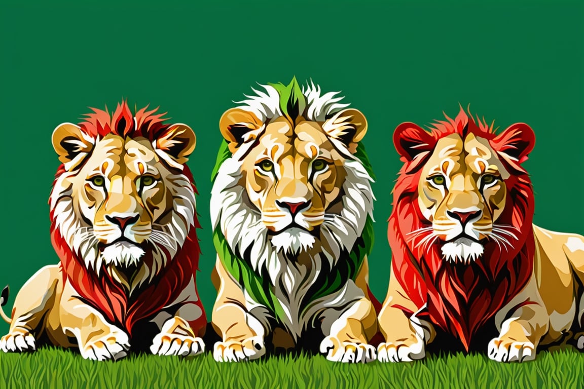 Please generate an image of .3 lions, first all white, second all green, and third all red, arranged in a row, with white first, green second, and red third


