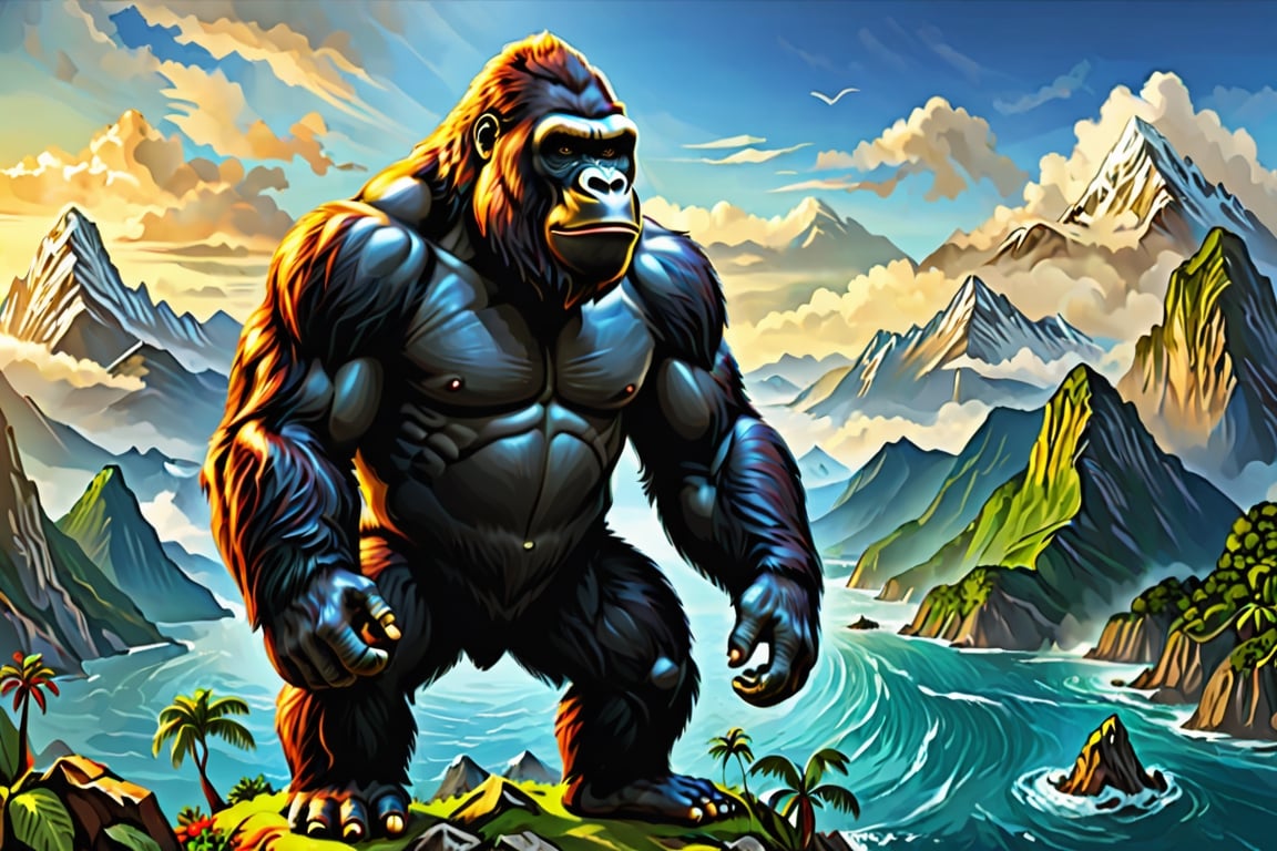 Please generate , a realistic 1 King Kong gorilla, with a mountain and sea background