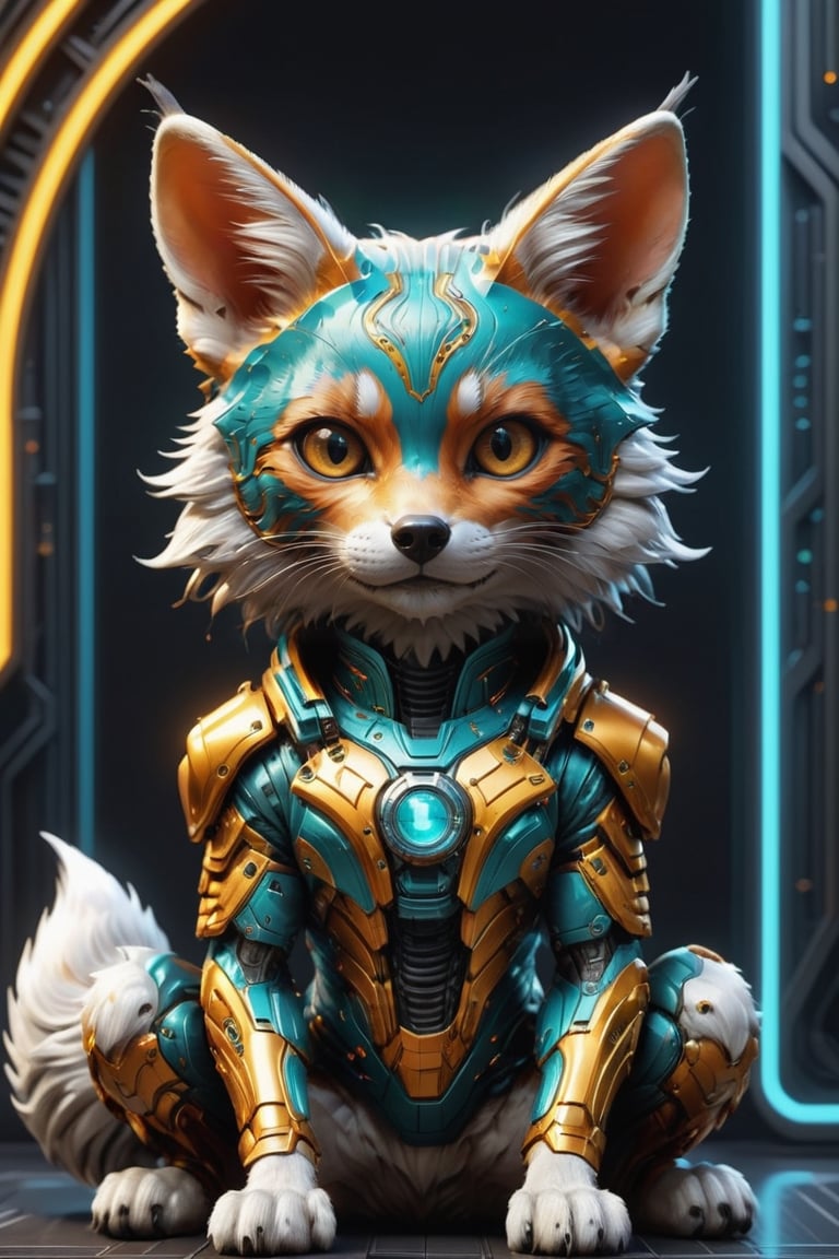 full body, intricate coloring, futuristic mascot of a small baby fox, sitting_down ,humanoid alien, body_marking, art and mathematics fusion, high resolution, Elegant, subtle gradient, sophisticated, muted color scheme, hyper detailed, trending at artstation, sharp focus, studio photography, highly detailed, centered, bright color, solid dark background with electric effect, made with adobe illustrator, movie still, 3d style,cyborg style

