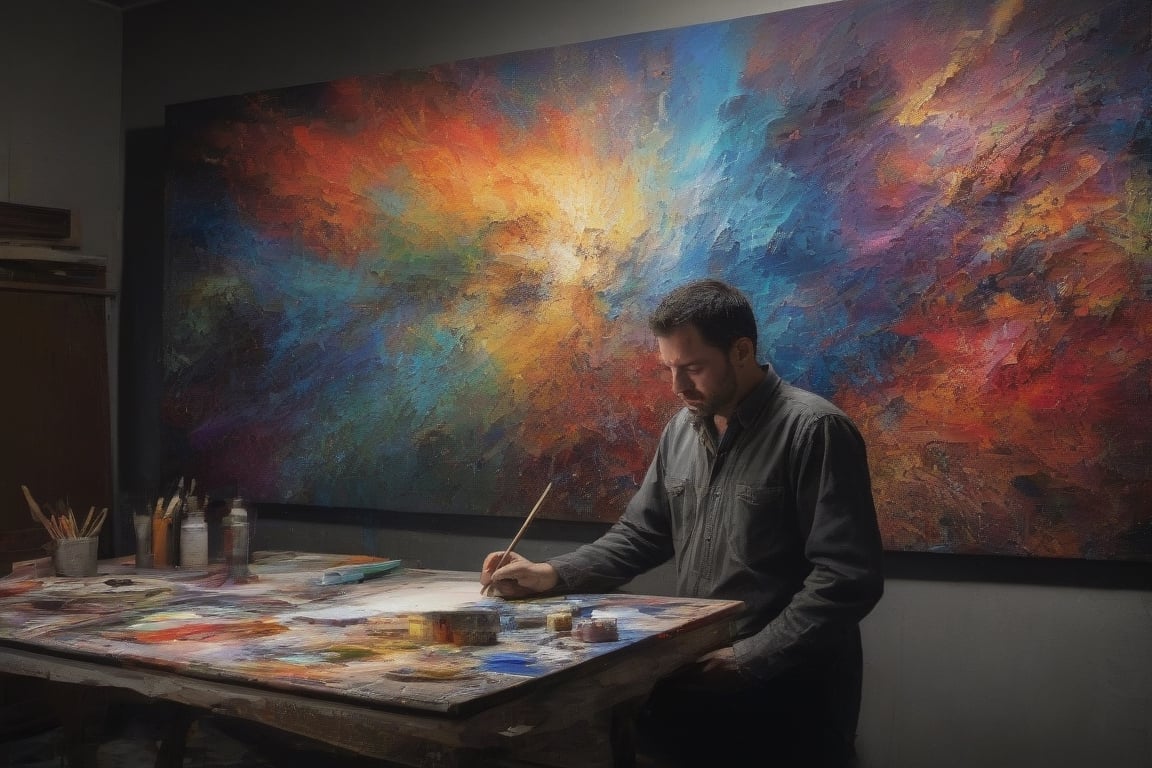 A powerful, striking photograph of a passionate painter immersed in their work, with a single spotlight illuminating them and their abstract canvas. Their intense gaze and furrowed brow reveal the depth of their inner thoughts and emotions. The painting in progress is a vibrant and chaotic mix of colors and textures, reflecting the aftermath of a vortex storm that transformed the world. The overall ambiance of the image captures the essence of raw creativity and emotional expression, showcasing the true depth of the artist's soul.

