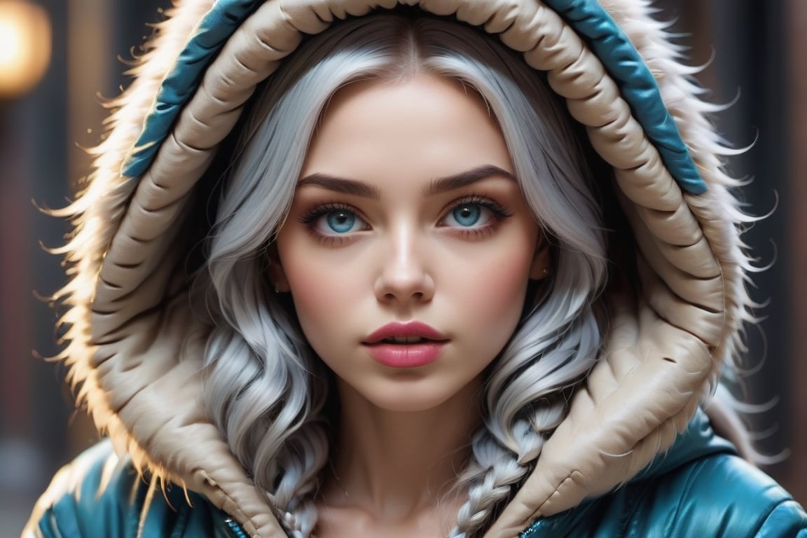 ((extremely realistic photo)), professional photo, The image features a beautiful model of big breast with white_hair and blue eyes, wearing a fur coat with a hood, her bright purple lips stand out in the composition of the image, ((ultra sharp focus)), (realistic textures and skin:1.1), (perfect realistic bluish gray-color eyes:1.1), ((perfection in the hands:1.1)), aesthetic. masterpiece, pure perfection, high definition ((best quality, masterpiece, detailed)), ultra high resolution, hdr, art, high detail, add more detail, (extreme and intricate details), ((raw photo, 64k:1.37)), ((sharp focus:1.2)), (muted colors, dim colors, soothing tones ), siena natural ratio, ((more detail xl)),more detail XL,detailmaster2,Enhanced All,photo r3al,masterpiece,photo r3al


