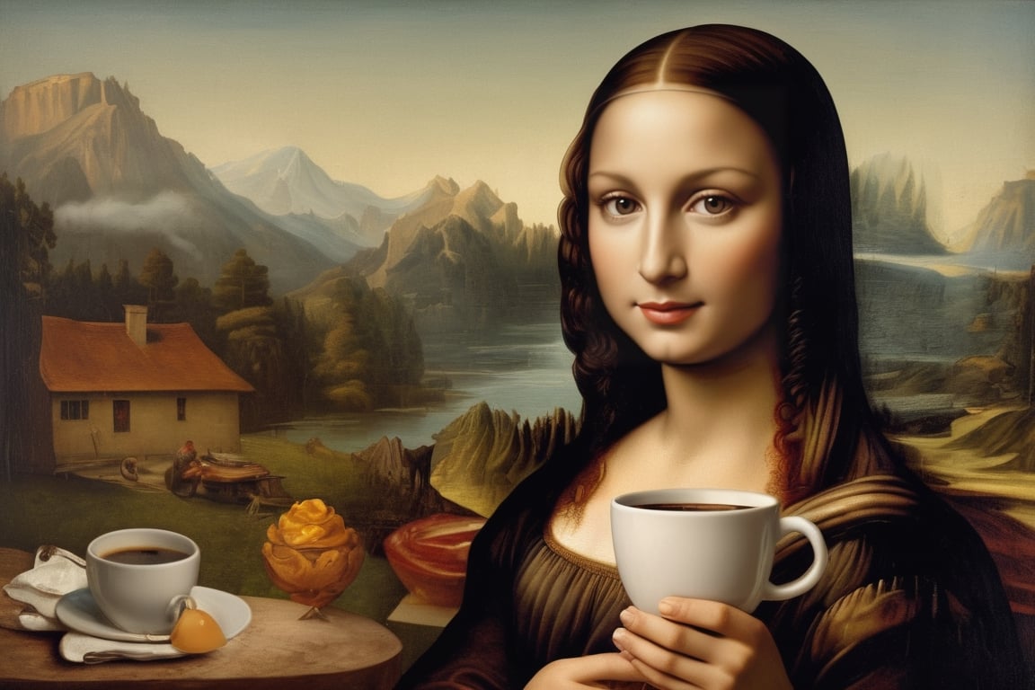 A fascinating and modern twist on the iconic Mona Lisa painting. Instead of the traditional smile and mysterious gaze, the Mona Lisa holds a cup of steaming coffee with a hint of caramel-colored cream. The overall atmosphere is playful and intriguing, inviting viewers to ponder the familiar yet altered scenario.