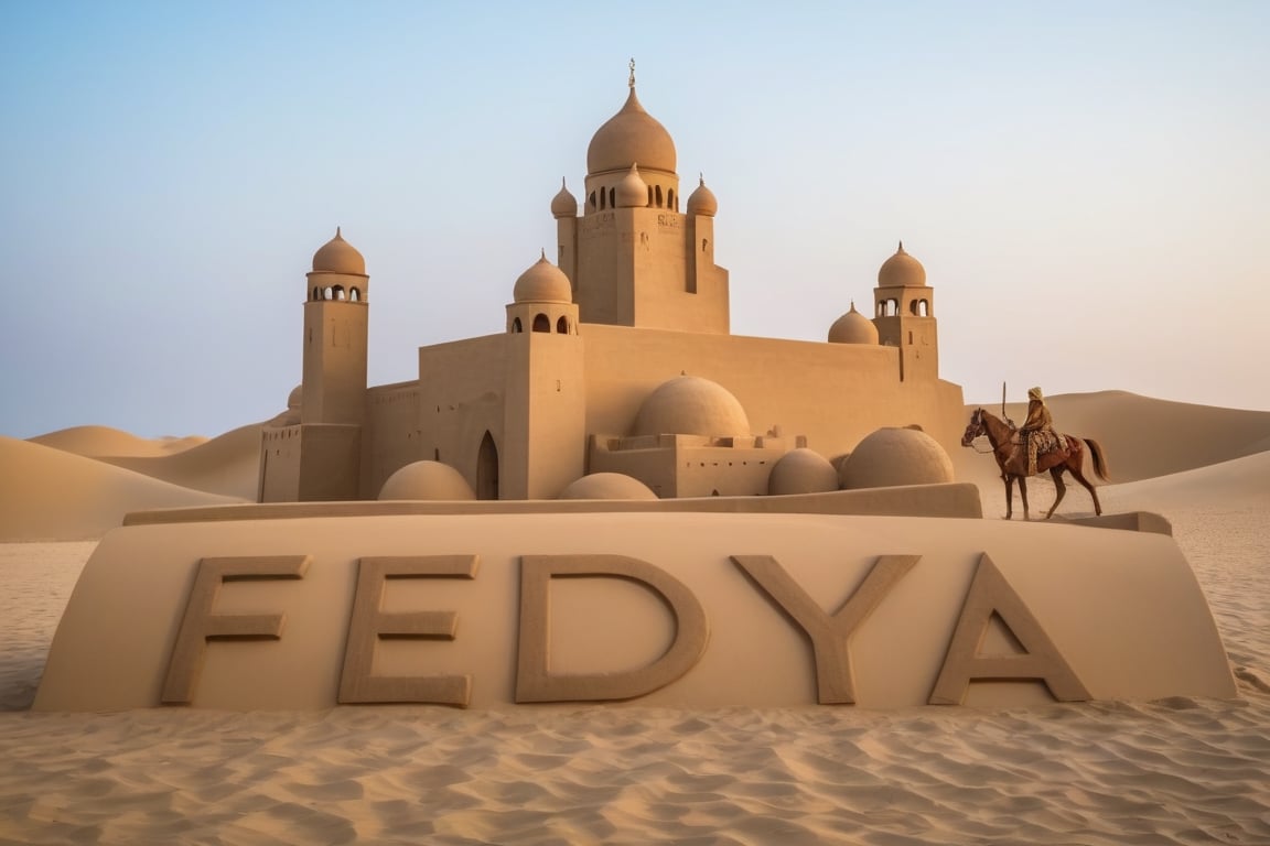 A breathtaking sand sculpture of a traditional mosque and a majestic Knight riding a huge horse. The scene is set against undulating sand dunes, with a large "Fedya" inscription prominently displayed. The prime angle view showcases sharp lines on the object, water, and non-sand colors and textures. There are no people, buildings, or cars in the image, creating a serene and untouched desert landscape.