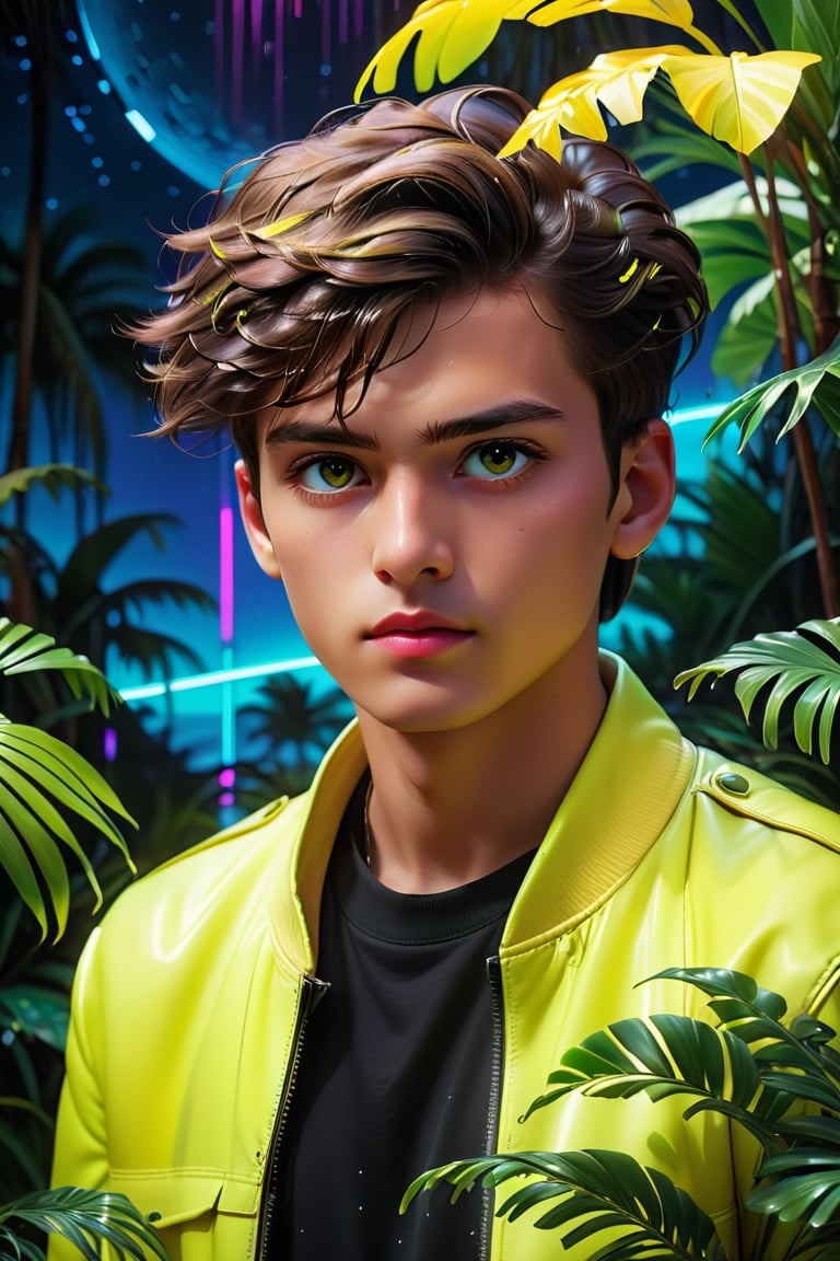 (best quality, 8K, ultra-detailed, masterpiece), (ultra-realistic, photorealistic), A mesmerizing 8K portrait capturing the essence of a solitary boy in a close-up view, his gaze fixed afar, set against the backdrop of a synthwave art style poster. The scene is adorned with lush palm leaves and delicate white flowers, adding an intriguing geometric pattern to the composition. The entire setting is bathed in a neon yellow glow, reminiscent of the synthwave aesthetic, against a dark, starry night sky illuminated by bioluminescent elements. This artwork radiates fortitude and wholesome beauty, inviting you to immerse yourself in its unique and captivating world.,1 girl,High detailed ,colorful