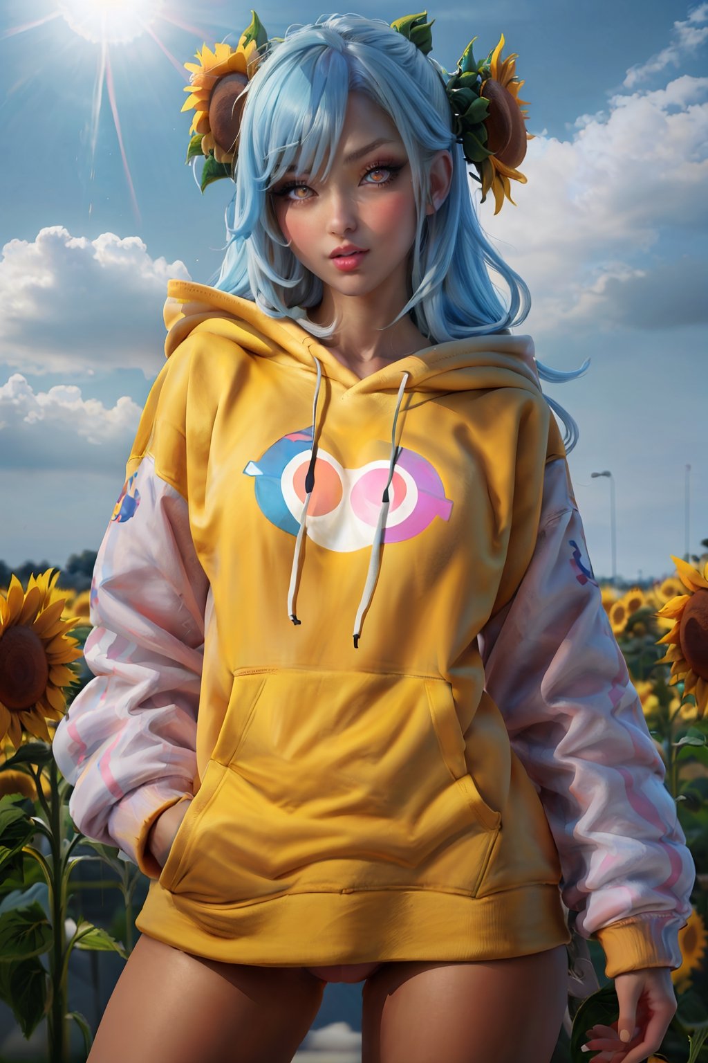 (masterpiece), best quality, ultra-detailed, illustration, (kawaii style), pastel colors, kawaii, cute colors, , 1girl, candacernd, ,heterochromia, dark-skinned female, yellow eyes, blue eyes, tan skin, blue hair, (alternate costume), regular outfit, baggy hoodie, yellow hoodie, sunflower, sunflower fiels, blue sky,candacedef, in sexy pose