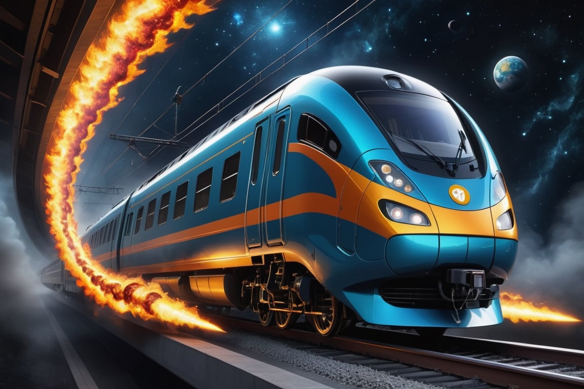 A captivating and futuristic image of a super real flying electric train, engulfed in fiery flames and soaring through the cosmos. The train is adorned with the legend "Journey through the stars of the universe with the virus of life of the space race." The entire scene is presented in cinema, illustration, and 3D visualization formats, creating a sense of depth and realism. The poster is a striking photo with the inscription "Fedya" prominently displayed, isolated on a black background., poster, photo, illustration