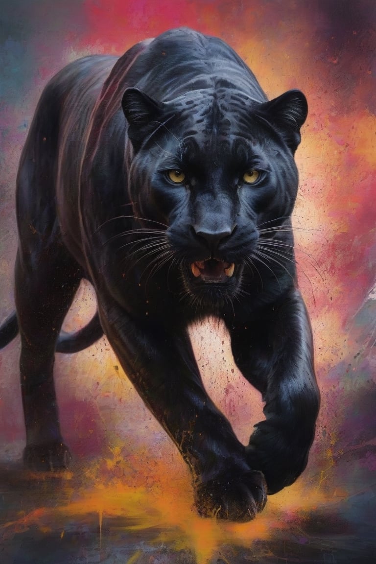 A striking 3D render of a dark fantasy painting that captures the essence of a close-up view of a pure black wild male panther in a dynamic and energetic composition. The powerful and majestic panther, in a rawering action, stands out against a vibrant and chaotic background filled with a symphony of colors, splattered brushstrokes, spilled acrylics, and ink. The artist skillfully merges various techniques to evoke a sense of movement and freedom, immersing the viewer in a thrilling, unending journey through the boundless landscape. The overall effect is a captivating conceptual piece that embodies the essence of wild, untamed nature and the limitless possibilities of artistic expression. Enhanced by graffiti-style elements, the scene exudes a cinematic and urban edge, transforming it into a truly unique and immersive experience., dark fantasy, cinematic, vibrant, 3d render, graffiti, wildlife photography, conceptual art, painting






