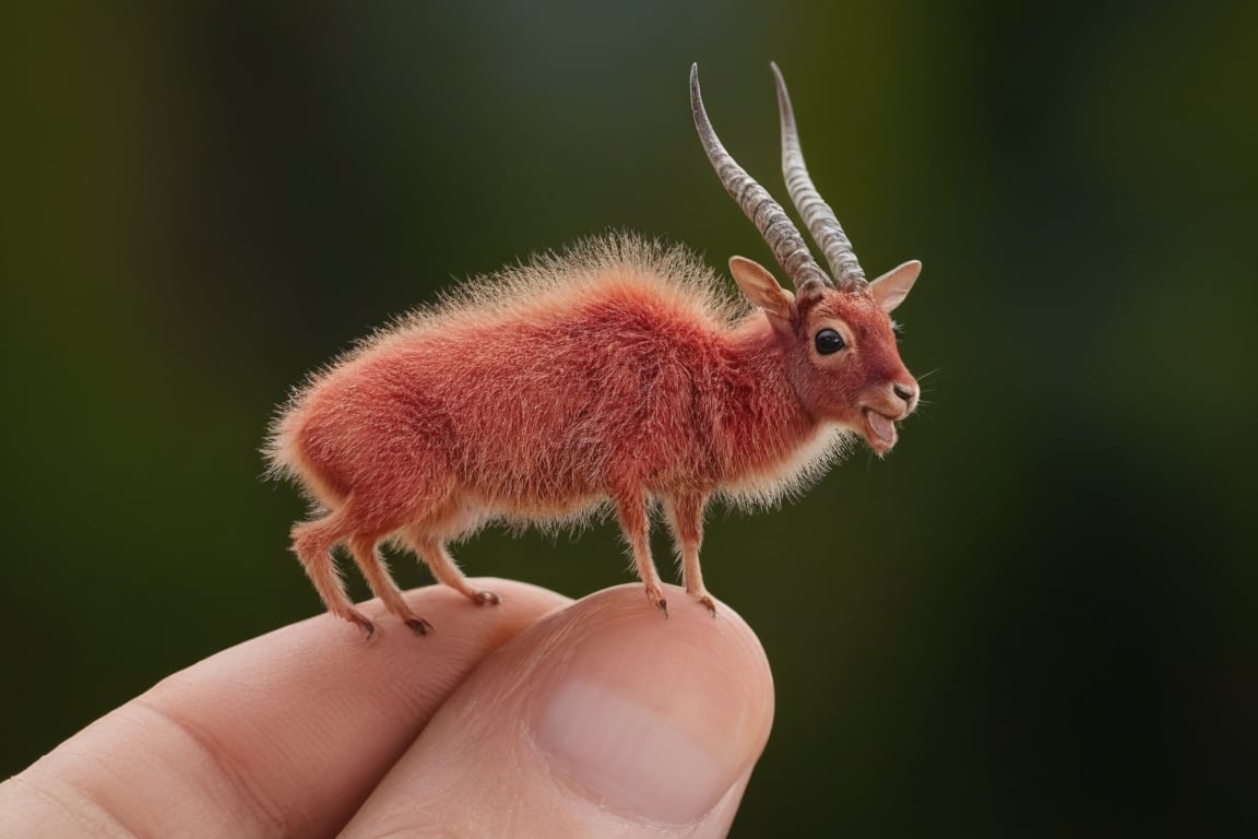 Vespid antelope hybrid creature on a finger, it is red and incredibly fuzzy, macrophotography