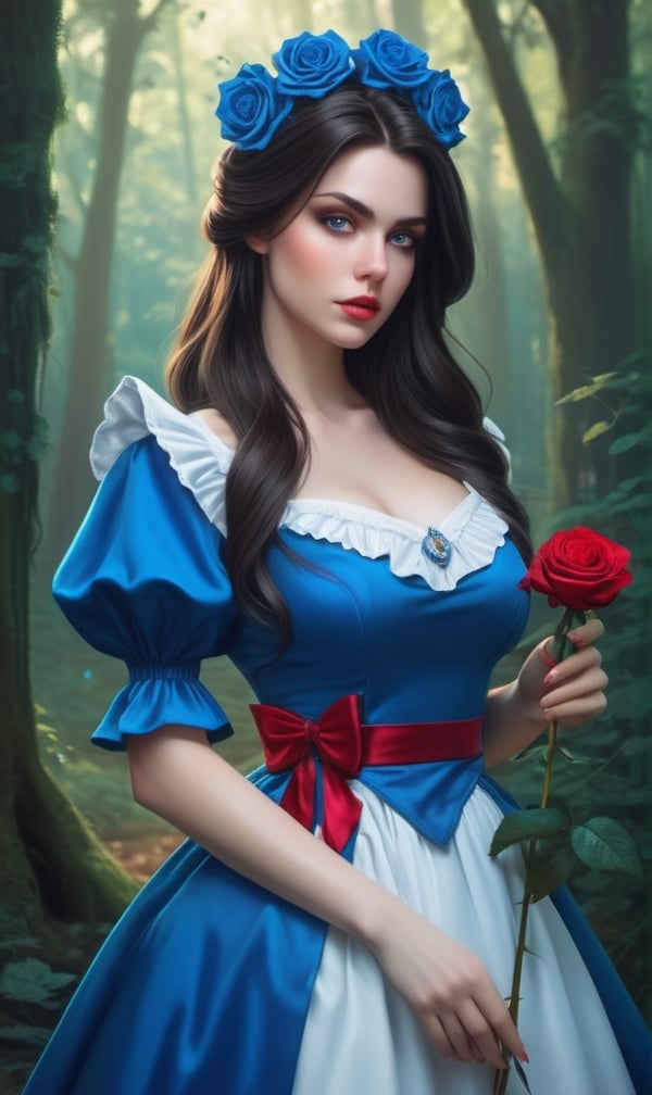 American McGee's Alice in a blue dress is holding a rose in a forest, a sexy maid in a magical forest, alena aenami and artgerm, hyperrealistic fantasy art, beautiful maiden, artgerm julie bell beeple, ornate cosplay, realistic cosplay, beautiful sorceress, amouranth, sakimichan frank franzzeta, she has a big belly