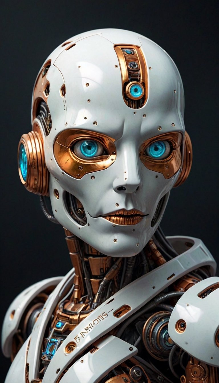 Please generate, scifi fantasy illustration beautiful robot, in the style of realistic ultra-detailed portraits, dark white and orange, classic portrait, dark gold and aquamarine, realistic detail, hard edge, technological marvels, with the inscription "Fantomas".